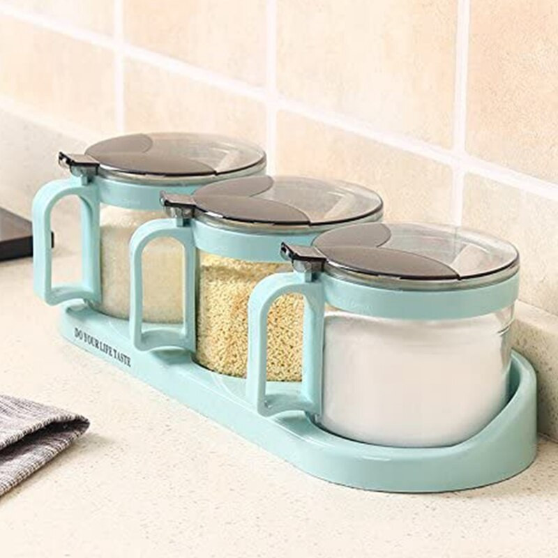 Skatinimas! Prieskonių talpyklos prieskonių dėžutės stiklas su šaukštu, prieskonių dėžutės prieskonių lentynėlė (3 puodai)