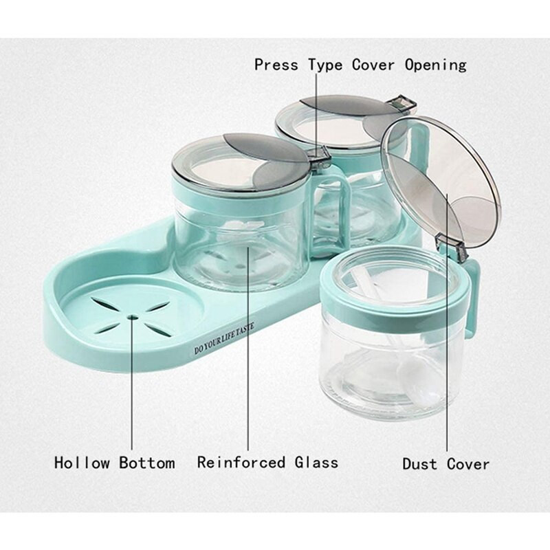 Skatinimas! Prieskonių talpyklos prieskonių dėžutės stiklas su šaukštu, prieskonių dėžutės prieskonių lentynėlė (3 puodai)