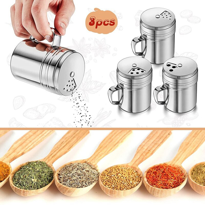 NHBR 3-dielna fľaša na korenie s rukoväťou, nerezová trepačka na korenie, kovová všestranná trepačka na korenie s otočným krytom