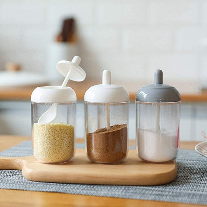 Koreničky, nádoba na korenie soľ/cukor, priehľadná okrúhla kuchynská korenička s viečkom a lyžičkou (2 sivé, 2 biele)