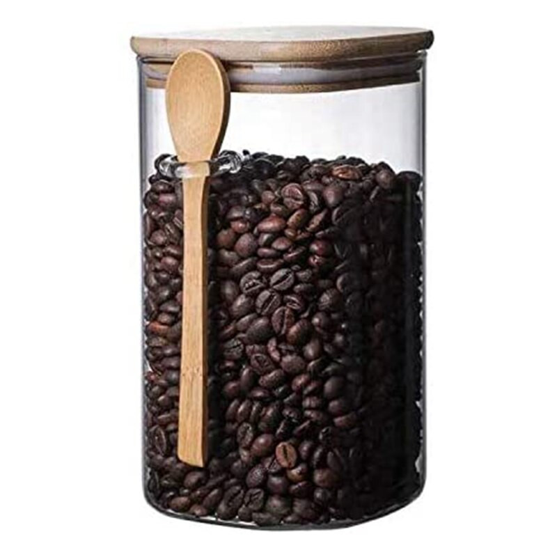 Horúca - 3 ks priehľadná štvorcová sklenená nádoba s bambusovými viečkami a bambusovými lyžičkami - Vzduchotesné nádoby na potraviny - Sklenené kuchynské nádoby