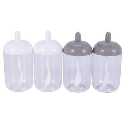 Koreničky, nádoba na korenie soľ/cukor, priehľadná okrúhla kuchynská korenička s viečkom a lyžičkou (2 sivé, 2 biele)