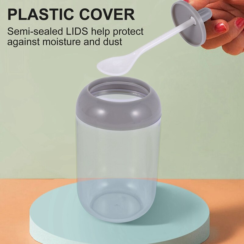 Koreničky, nádoba na korenie soľ/cukor, priehľadná okrúhla kuchynská korenička s viečkom a lyžičkou (2 sivé, 2 biele)