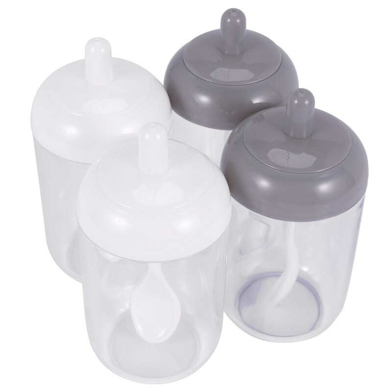 Koreničky, nádoba na korenie soľ/cukor, priehľadná okrúhla kuchynská korenička s viečkom a lyžičkou (2 sivé, 2 biele)