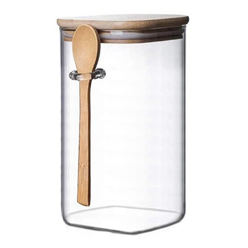 Karštas 3 vnt skaidraus kvadratinio stiklo laikymo indelis su bambukiniais dangteliais su bambukiniais šaukštais hermetiški maisto stiklainiai Stikliniai virtuvės indai