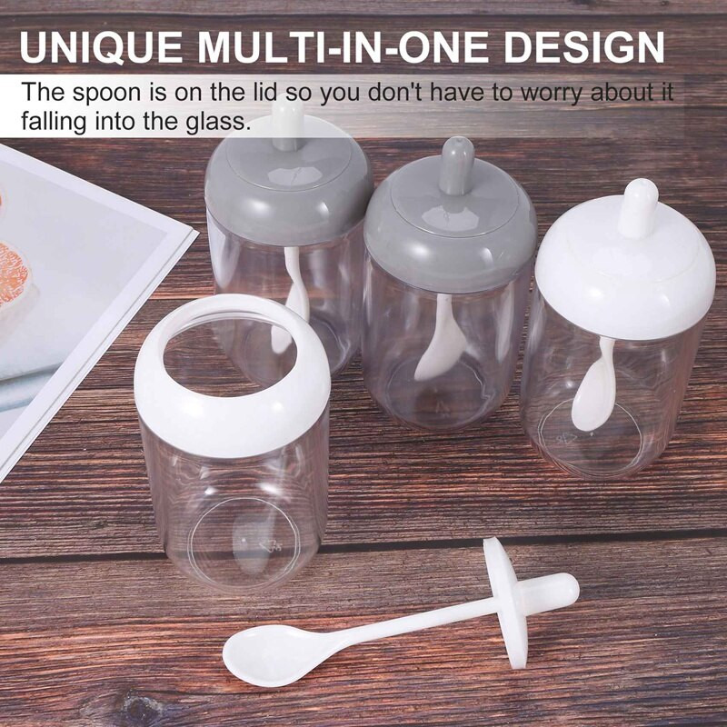 Koreničky, nádoba na korenie soľ/cukor, priehľadná okrúhla kuchynská korenička s viečkom a lyžičkou (2 sivé, 2 biele)