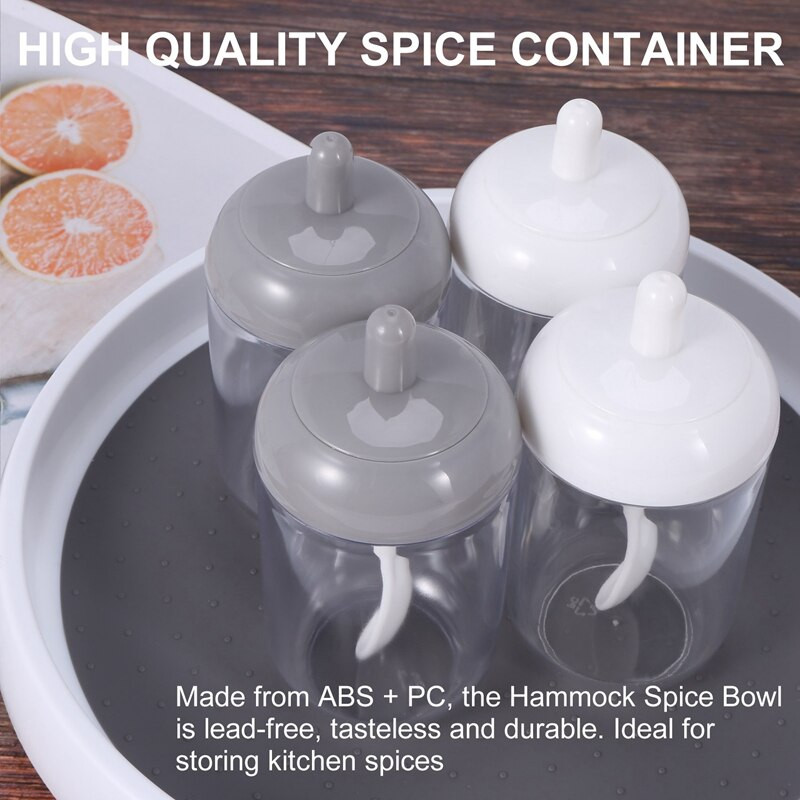 Koreničky, nádoba na korenie soľ/cukor, priehľadná okrúhla kuchynská korenička s viečkom a lyžičkou (2 sivé, 2 biele)