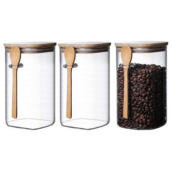 10x19cm 3τμχ Διαφανές τετράγωνο γυάλινο βάζο αποθήκευσης με καπάκια μπαμπού με κουτάλια μπαμπού - αεροστεγές βαζάκια τροφίμων - γυάλινα δοχεία κουζίνας