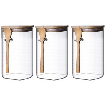 3 τμχ Διαφανές τετράγωνο γυάλινο βάζο αποθήκευσης με καπάκια μπαμπού με κουτάλια μπαμπού αεροστεγές βάζα τροφίμων Γυάλινα δοχεία κουζίνας