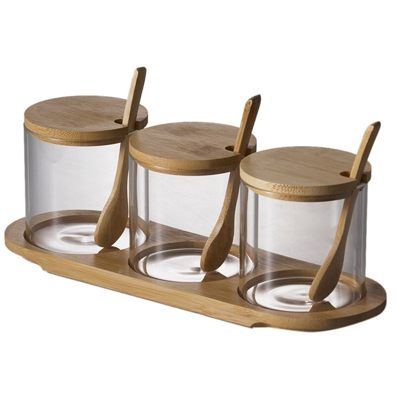 3 ks sklenených úložných nádob na cukríky, sušienky, čaj, kávové zrná, organizér na fľaše, koreniny, poháre na občerstvenie s dreveným viečkom