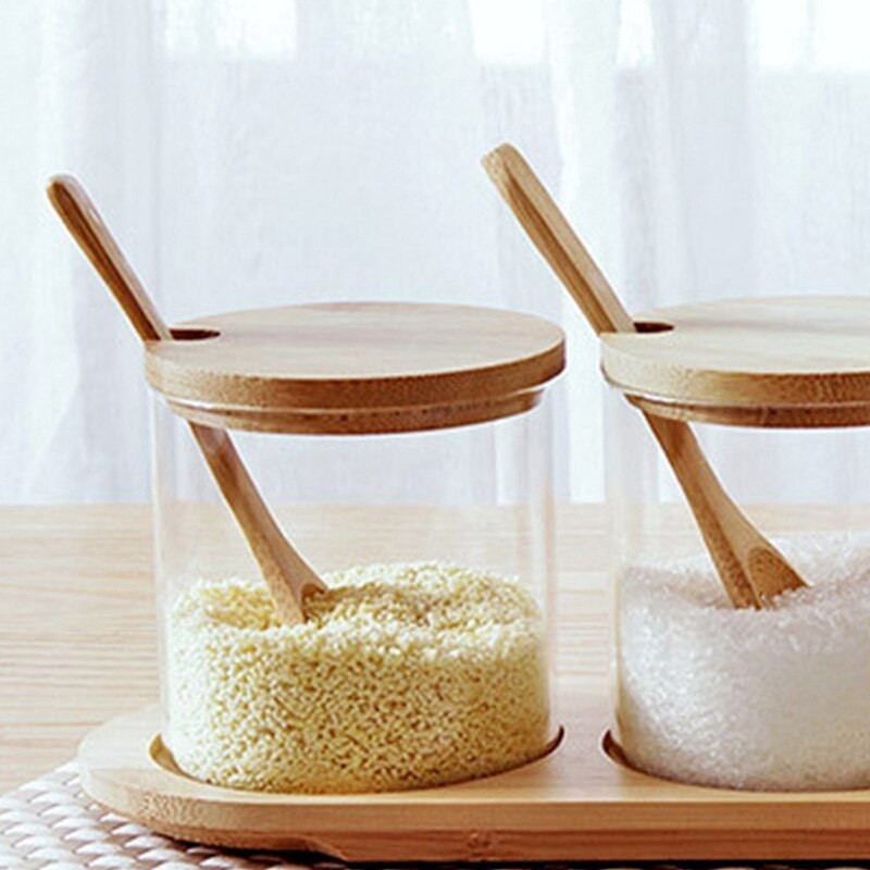 Horúca sklenená nádoba SV-3 PCS, organizér na cukríky/sušienky/čaj/kávové zrná, poháre na korenie/občerstvenie s dreveným viečkom