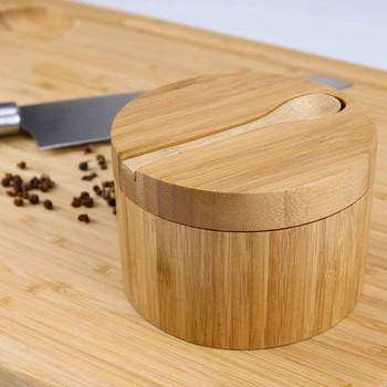 2 Συσκευασίες Bamboo Seasonings Box With Spoons - Bamboo Salt Box With Lids Bamboo Pepper Spice Cellars Δοχείο αποθήκευσης