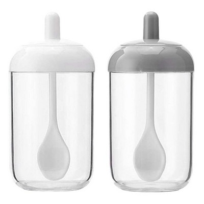 Koreničky, nádoba na korenie soľ/cukor, priehľadná okrúhla kuchynská korenička s viečkom a lyžičkou (2 sivé, 2 biele)