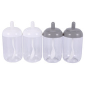 Koreničky, nádoba na korenie soľ/cukor, priehľadná okrúhla kuchynská korenička s viečkom a lyžičkou (2 sivé, 2 biele)