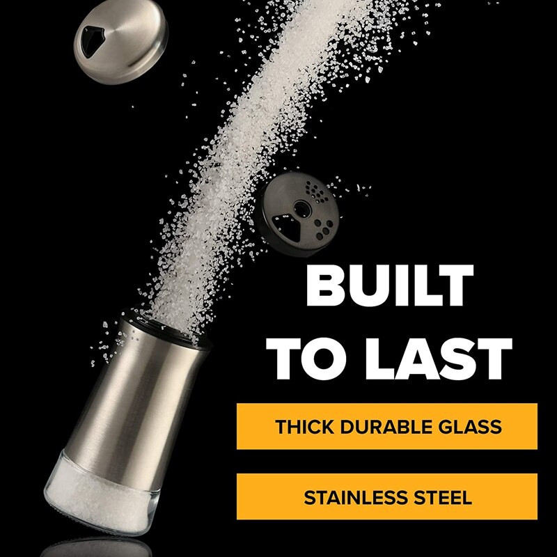 Soľnička a korenička - Dávkovač korenia s nastaviteľnými otvormi - Nerezová oceľ a sklo - Sada 2 fliaš