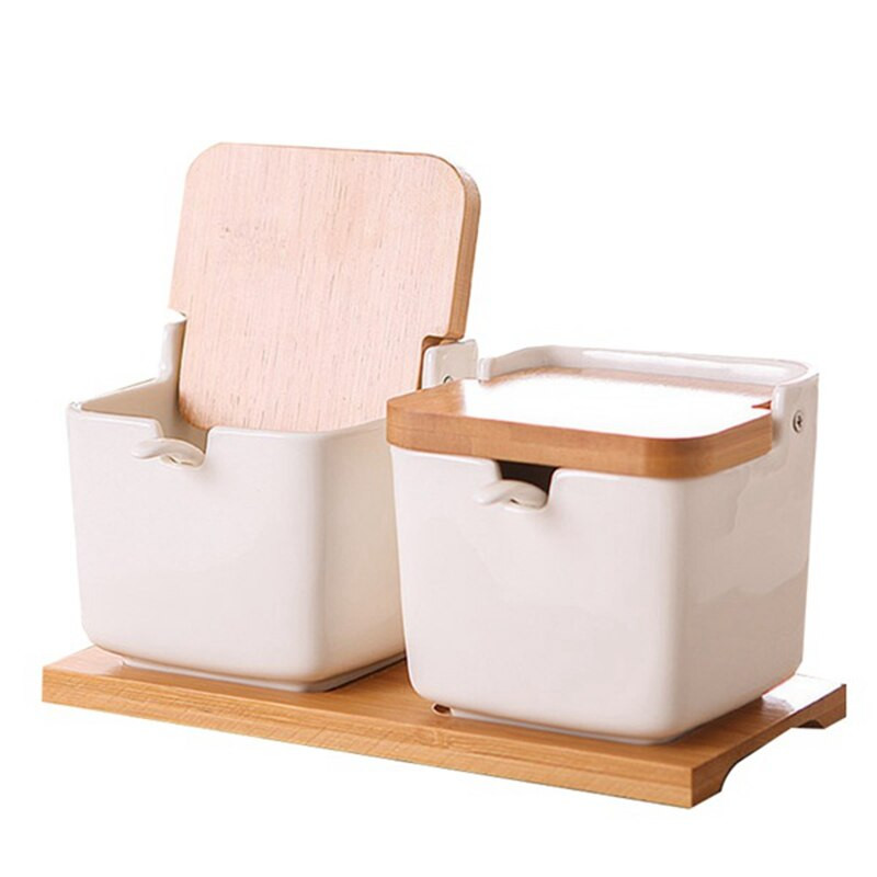 Štvorcová domáca keramická koreniečka, trojdielna kreatívna japonská koreniečka s výklopnou koreniečkou a lyžičkou, drevený podnos