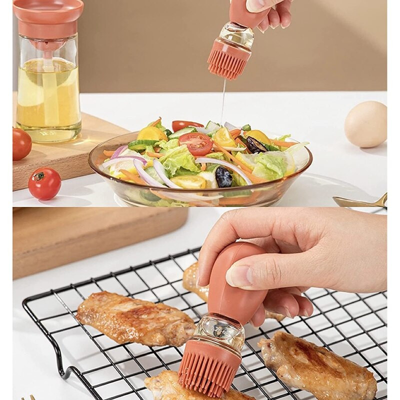 Dávkovač olivového oleja s kefkou, odmerka na olej, kefka na fľašu s dávkovačom oleja na varenie, pečenie a grilovanie v kuchyni