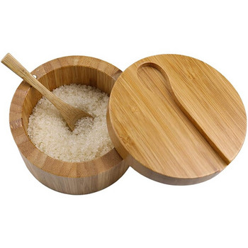 2 Συσκευασίες Bamboo Seasonings Box With Spoons - Bamboo Salt Box With Lids Bamboo Pepper Spice Cellars Δοχείο αποθήκευσης