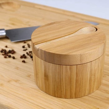 2 Συσκευασίες Bamboo Seasonings Box With Spoons - Bamboo Salt Box With Lids Bamboo Pepper Spice Cellars Δοχείο αποθήκευσης