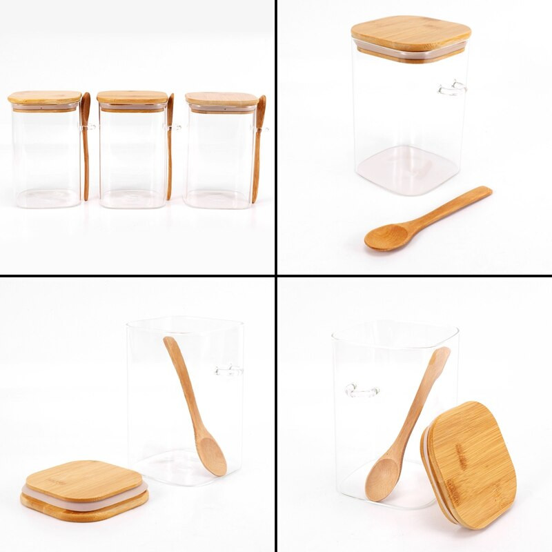 3 ks priehľadných štvorcových sklenených nádob s bambusovými viečkami a bambusovými lyžičkami - Vzduchotesné nádoby na potraviny - Sklenené kuchynské nádoby