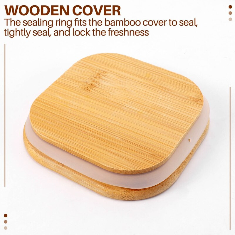 3 ks priehľadných štvorcových sklenených nádob s bambusovými viečkami a bambusovými lyžičkami - Vzduchotesné nádoby na potraviny - Sklenené kuchynské nádoby