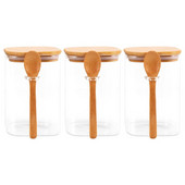 3 ks priehľadných štvorcových sklenených úložných dóz s bambusovými viečkami a bambusovými lyžičkami - Vzduchotesné nádoby na potraviny - Sklenené kuchynské nádoby