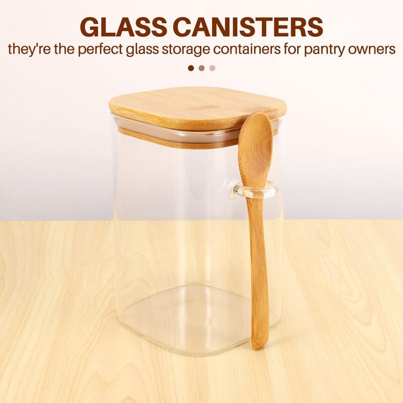 3 ks priehľadných štvorcových sklenených úložných dóz s bambusovými viečkami a bambusovými lyžičkami - Vzduchotesné nádoby na potraviny - Sklenené kuchynské nádoby