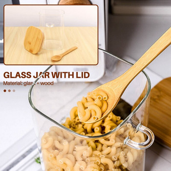 3бр. Прозрачен квадратен стъклен буркан за съхранение с бамбукови капаци с бамбукови лъжици - Херметически затворени буркани за храна - Стъклени кухненски контейнери