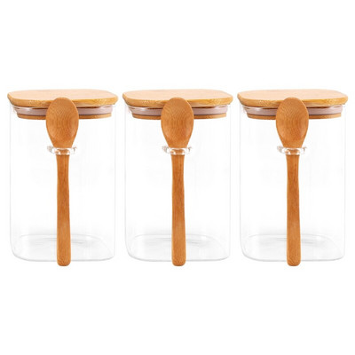 3 ks priehľadných štvorcových sklenených úložných dóz s bambusovými viečkami a bambusovými lyžičkami - Vzduchotesné nádoby na potraviny - Sklenené kuchynské nádoby