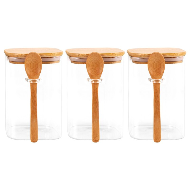 3 ks priehľadných štvorcových sklenených úložných dóz s bambusovými viečkami a bambusovými lyžičkami - Vzduchotesné nádoby na potraviny - Sklenené kuchynské nádoby