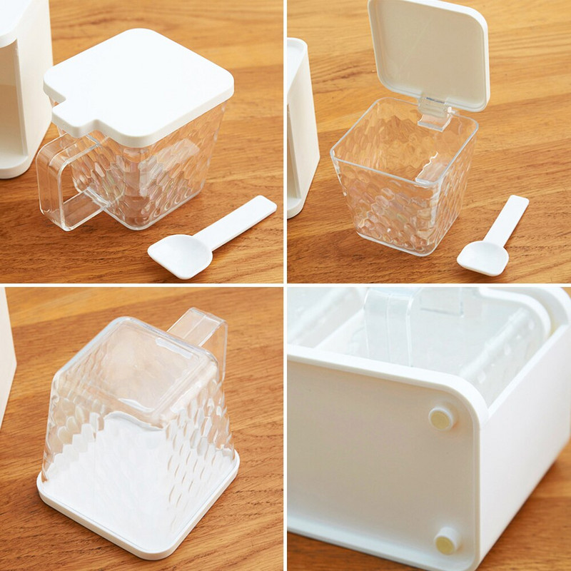 3 mriežky kuchynská korenie nádoba s rukoväťou kontajner lyžica korenie úložný priestor priehľadná bylinka varenie stolový korenie box