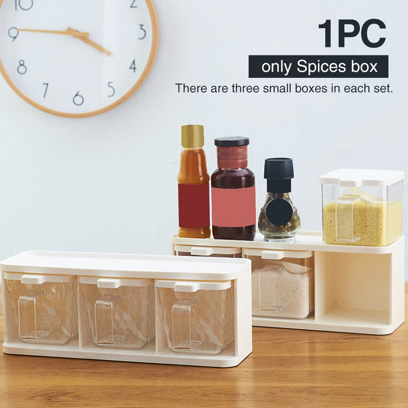 3 mriežky kuchynská korenie nádoba s rukoväťou kontajner lyžica korenie úložný priestor priehľadná bylinka varenie stolový korenie box