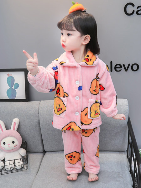 Jesenné a zimné dievčenské dvojdielne pyžamo s gombíkmi a vreckom na gombíky a spodnou časťou s aplikáciou