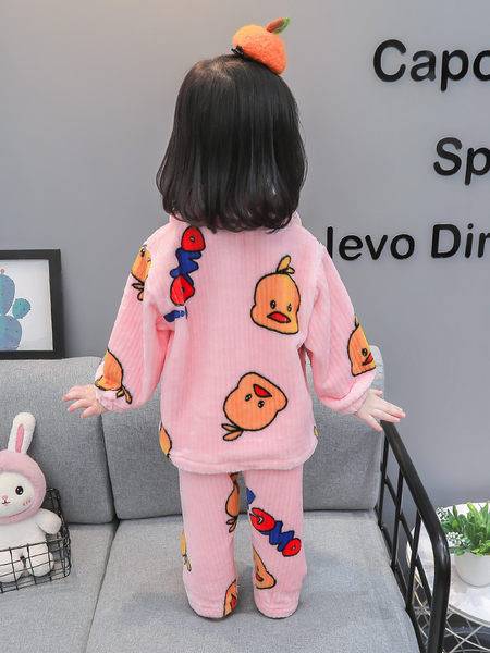 Jesenné a zimné dievčenské dvojdielne pyžamo s gombíkmi a vreckom na gombíky a spodnou časťou s aplikáciou