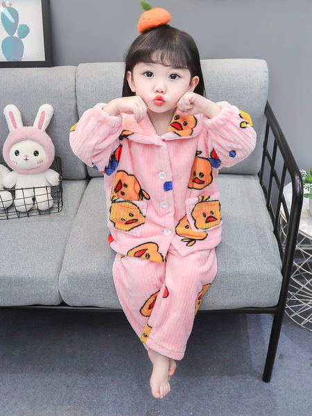 Jesenné a zimné dievčenské dvojdielne pyžamo s gombíkmi a vreckom na gombíky a spodnou časťou s aplikáciou