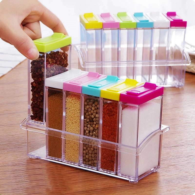Skaidrus prieskonių indelio rinkinys Druskos ir pipirų prieskonių buteliukas spalvingas dangtelis virtuvės prieskonių kruopų laikymo talpyklos prieskonių lentynėlė