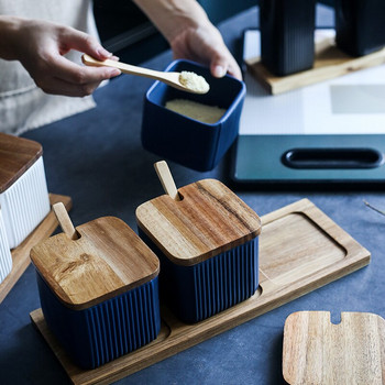 Ξύλινο κάλυμμα Nordic Kitchen Salt Shaker Ριγέ κεραμικό Σετ μπουκαλιών λαδιού για καρύκευμα Ελαφρύ ματ κουτί καρυκευμάτων