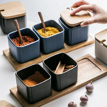 Ξύλινο κάλυμμα Nordic Kitchen Salt Shaker Ριγέ κεραμικό Σετ μπουκαλιών λαδιού για καρύκευμα Ελαφρύ ματ κουτί καρυκευμάτων