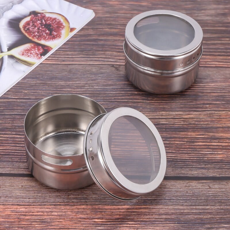 6 ks / sada magnetických dóz na korenie s priehľadným viečkom, nerezová oceľ, úložná nádoba na korenie, omáčky, hrnce, kuchynský držiak na korenie, domáce potreby