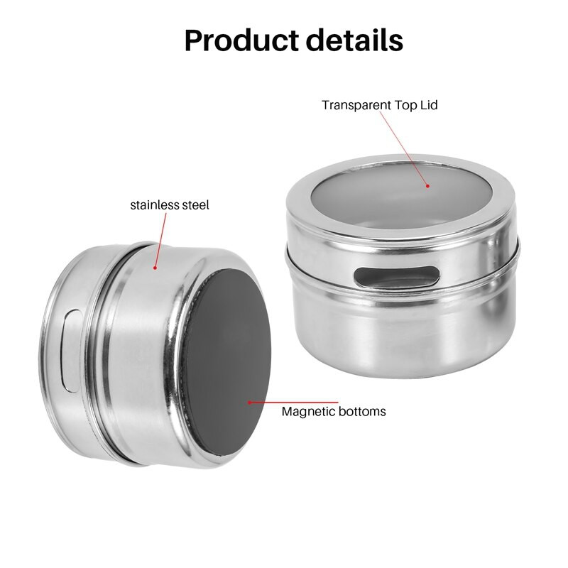6 ks / sada magnetických dóz na korenie s priehľadným viečkom, nerezová oceľ, úložná nádoba na korenie, omáčky, hrnce, kuchynský držiak na korenie, domáce potreby
