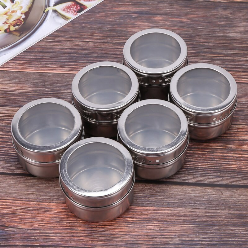 6 ks / sada magnetických dóz na korenie s priehľadným viečkom, nerezová oceľ, úložná nádoba na korenie, omáčky, hrnce, kuchynský držiak na korenie, domáce potreby