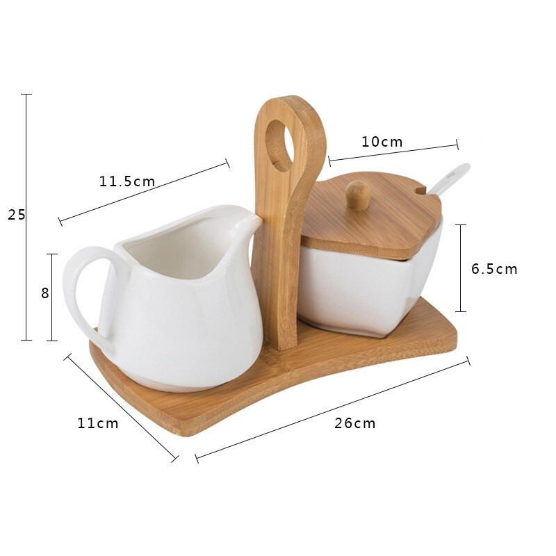 Keraminis cukraus dubens ir grietinėlės ąsočio rinkinys su bambuko padėklu ir šaukštu namų viešbučiui