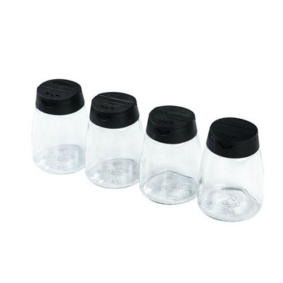 4 ks sklenených fľaštičiek na korenie s viečkom, dvojkrídlová nádoba na korenie, štvorbalenie kuchynskej koreničky a soľničky s nálepkami