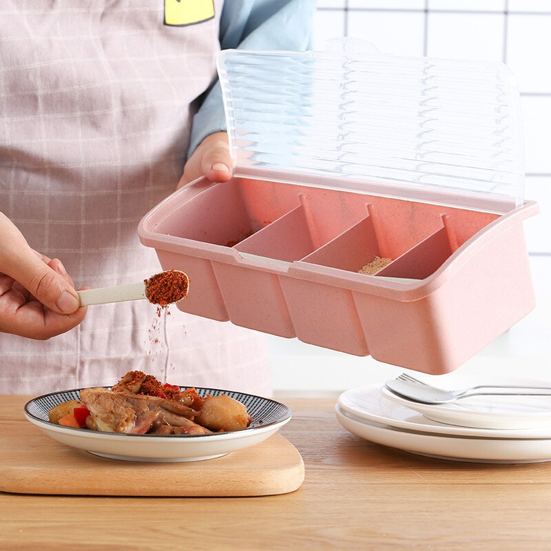 Stojan na korenie, lyžica, 4 kusy, korenie, poháre na korenie, nádoba na krabičku, úložné boxy, krabička, úložná nádoba na korenie