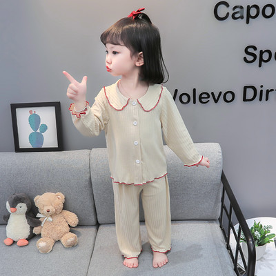 Jarné a jesenné dievčenské dvojdielne pyžamo s golierom a zapínaním na gombíky