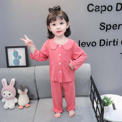 Jarné a jesenné dievčenské dvojdielne pyžamo s golierom a zapínaním na gombíky