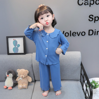 Jarné a jesenné dievčenské dvojdielne pyžamo s golierom a zapínaním na gombíky