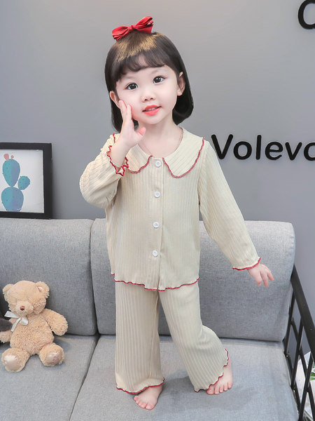 Jarné a jesenné dievčenské dvojdielne pyžamo s golierom a zapínaním na gombíky