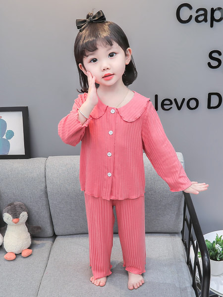 Jarné a jesenné dievčenské dvojdielne pyžamo s golierom a zapínaním na gombíky