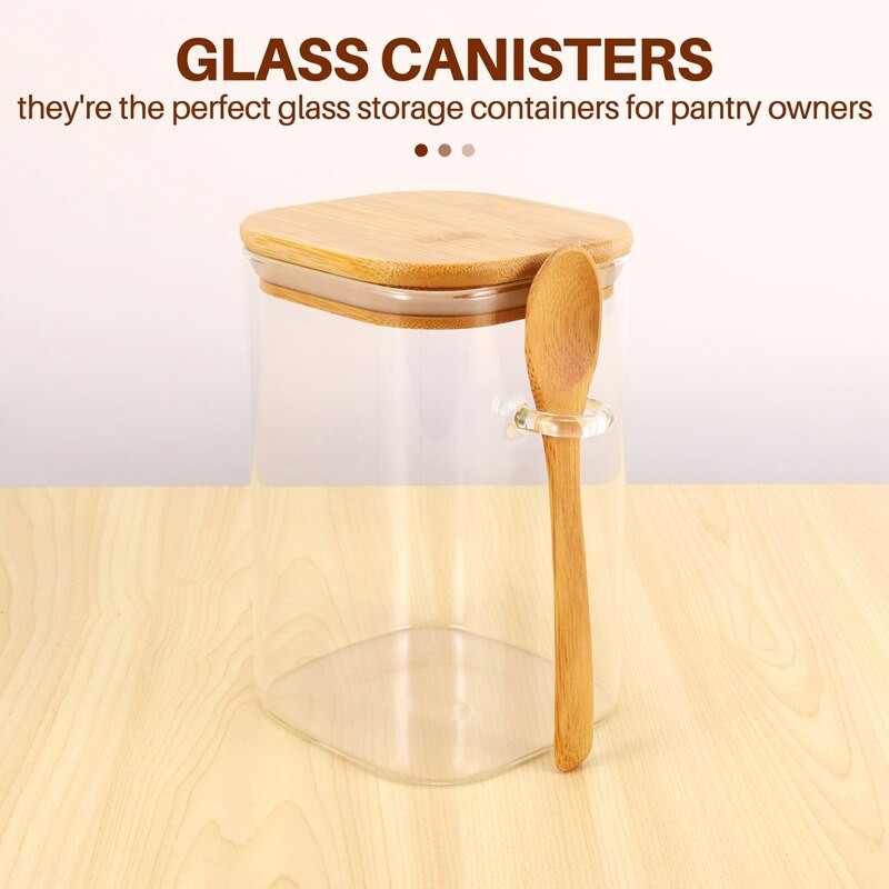 3 ks priehľadných štvorcových sklenených úložných dóz s bambusovými viečkami a bambusovými lyžičkami - Vzduchotesné nádoby na potraviny - Sklenené kuchynské nádoby